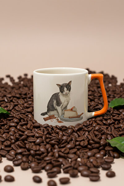 giftkonsept Autumn Themed Cute Cat No:5 Printed Orange D Mug with Handle