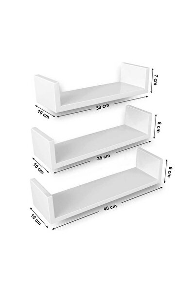 ASTERA Mdf, 3'lü Set, Yüzer Duvar Rafı, U Şeklinde, Parlak Yüzeyli, Beyaz