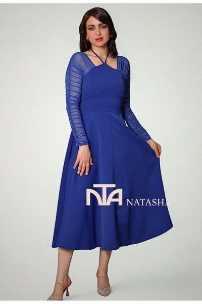 NATASHA Fashion Women's blue dress with a unique sleeve design