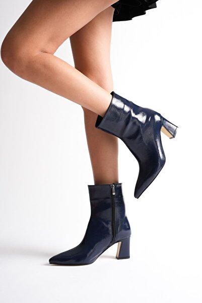 MARCHEO Nadia Women's Navy Blue Patent Leather Thick Heeled Winter Boots