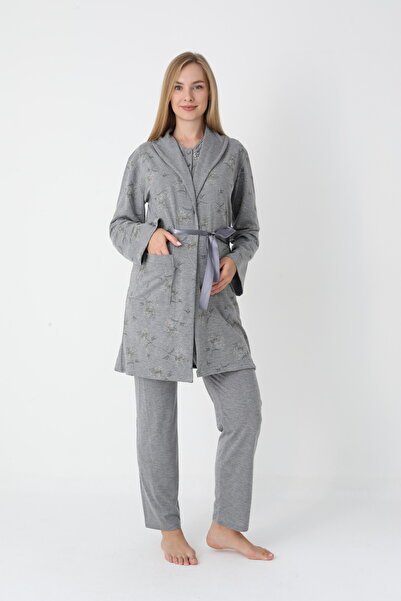BLACKMORE Women's Smoked Shawl Collar Cotton Jacquard Patterned Winter 3-Piece Pajama Set with Dressing Gown