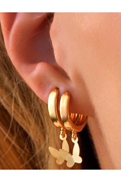 YCL JEWELLERY 8 Ayar Altın Çift Halka Kelebek Küpe