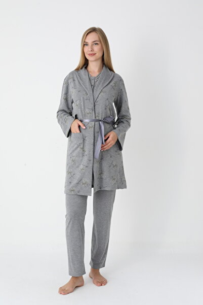 BLACKMORE Women's Smoked Shawl Collar Cotton Jacquard Patterned Winter 3-Piece Pajama Set with Dressing Gown