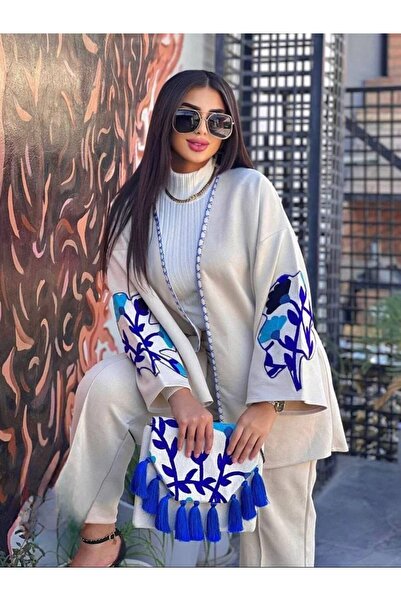 SWAN.AE Two-piece set, pants and wide jacket with embroidery and bag, suede, FREE SIZE UP TO 90 KG, Chic