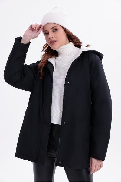 freemen Women's Black Elastic Waist Pocket Fur Waterproof and Windproof Hooded Coat