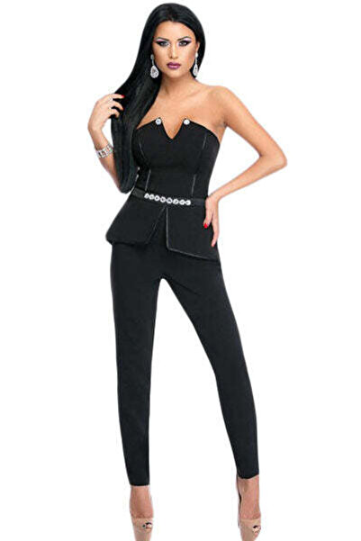 WildFashion M460-1 Elegant long jumpsuit, accessorized with peplum and pebbles