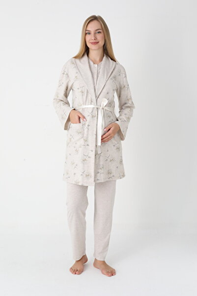 BLACKMORE Women's Mink Shawl Collar Cotton Jacquard Patterned Winter 3-Piece Pajama Set with Dressing Gown