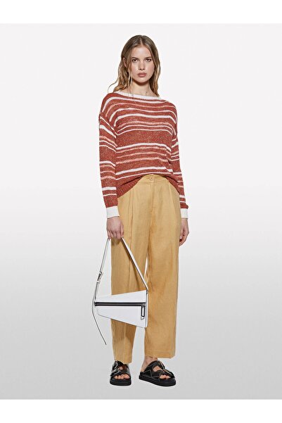 Sisley 100% Linen Front Pleated Detail High Waist Jogger Pants Women's Yellow Trousers - 325P4Aghlf06R