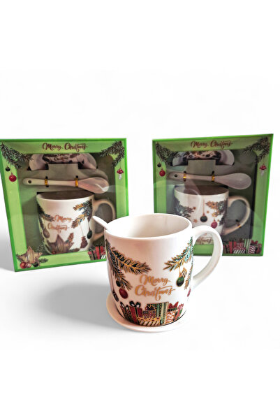 ELEDEEA Christmas Mug with Saucer and Spoon - Fir Branches