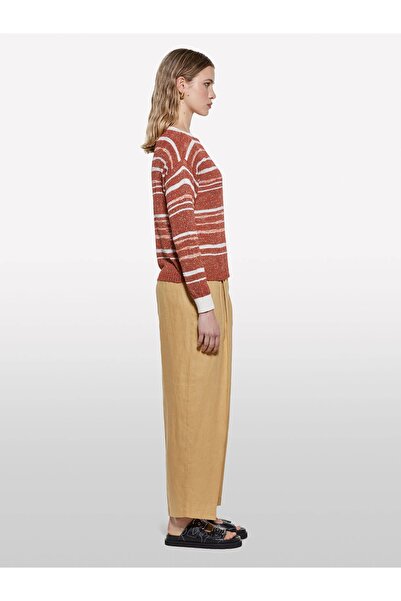 Sisley 100% Linen Front Pleated Detail High Waist Jogger Pants Women's Yellow Trousers - 325P4Aghlf06R