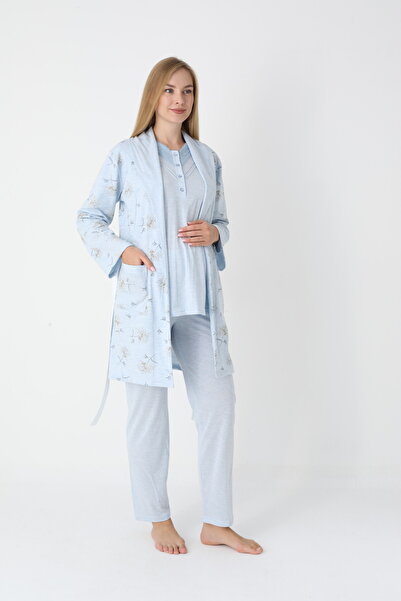 BLACKMORE Women's Blue Shawl Collar Cotton Jacquard Patterned Winter 3-Piece Pajama Set with Dressing Gown
