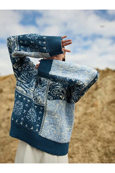 Lavanta Tekstil Blue Patterned Crew Neck Knitwear Sweater