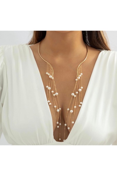 La Saade Pearl Cascade Necklace-Gold Detailed Pearl Rain Necklace ✨