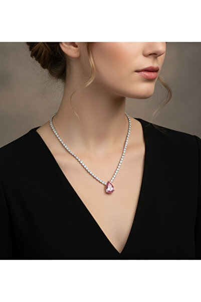 Kaan Accessoire 💎 Pembe Damla Zirkon Taşlı, Tamtur Pırlanta Montür Kolye (Te...
