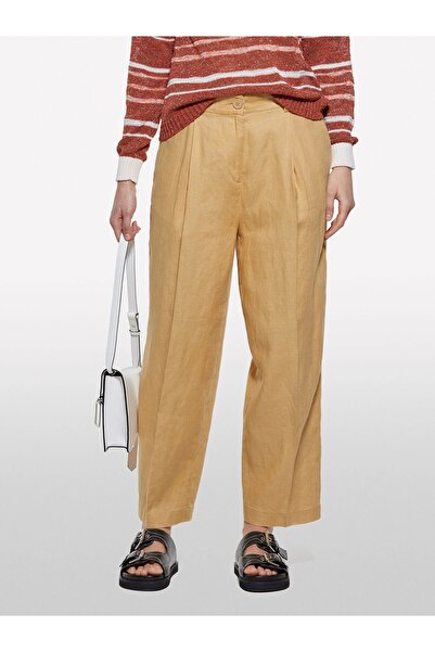 Sisley 100% Linen Front Pleated Detail High Waist Jogger Pants Women's Yellow Trousers - 325P4Aghlf06R