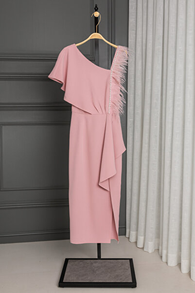 Aljouri An elegant dress with a soft, modern design, featuring a one-shoulder cut and delicate feather embellishments.