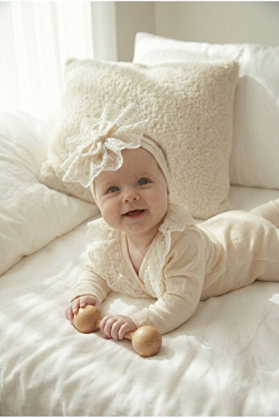MONTİNA Little Princess Cream Lace Cotton Interlock Baby Romper and Hair Band Set