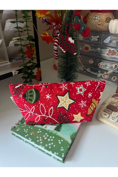 sumicorn Yılbaşı Desenli Yıkanabilir Fermuarlı Tek Gözlü Bez Kalemlik Kalem Kutusu Cüzdan Makyaj Çantası