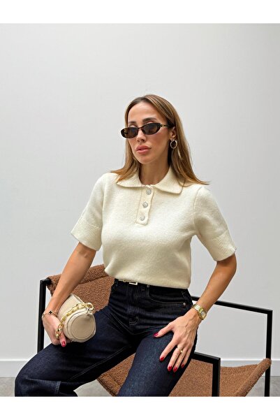 Maldia Shop Women's Lina Polo Neck Stone Cream Knitwear Sweater