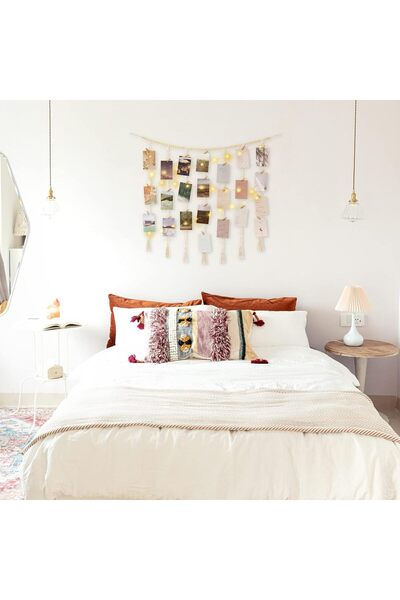 KASTWAVE Macrame Hanging Photo Display Wall Decor with String Lights and 45 Clips