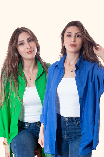 Justime Women's Oversized Cotton Linen Green - Navy Blue Shirt