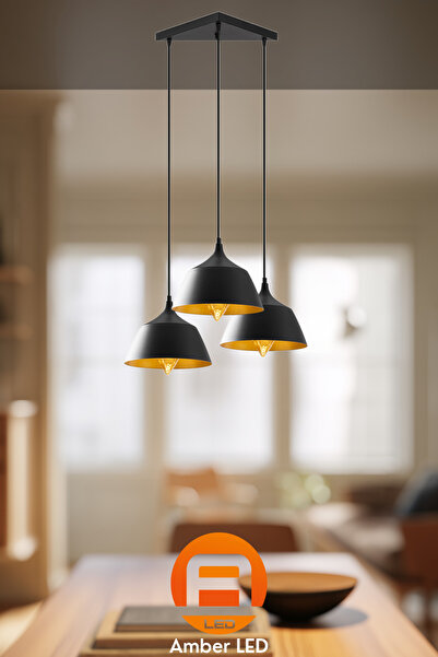 AmberLED Şık Metal Gövdeli 3'lü Tepsi Sarkıt Mutfak ve Salon İçin E27 Uyumlu