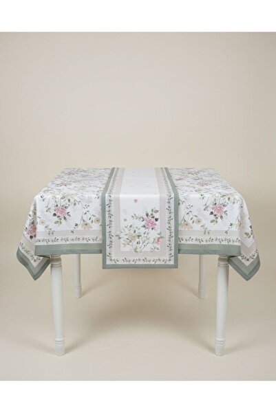 Daimon Home Çiçek Desenli Masa Örtüsü 145x145 Cm ve Runner 40x140 Cm Yeşil