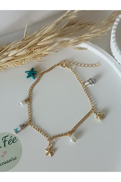 La fee aksesuar Women's Anklet Seashell Starfish Pearl Turtle Fish Gold Chain
