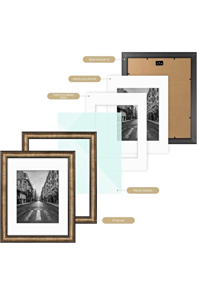 Golden State Art 11x14 Photo Frame, Dark Gold Brown & Bronze Pewter Panel with White Mat and Real Gl