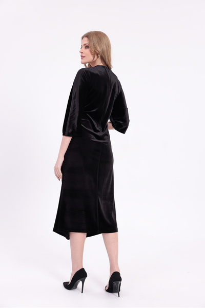 etselements Luxury Velvet Plain Double-Breasted Neckline Slit Detail Dress Ets1011