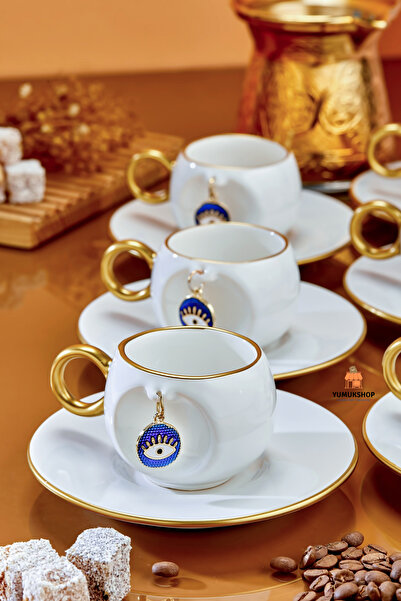 Yumuk Shop 6 Kişilik Şans Charmlı Yaldızlı Lüks Kahve Fincan Takımı