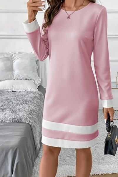Mossta Round Neck Striped Detail Mini Woven Dress - Pink