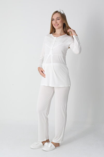 BLACKMORE Women's Ecru Shawl Collar Special Lace Design Cotton Quilted Dressing Gown 3-Piece Pajama Set