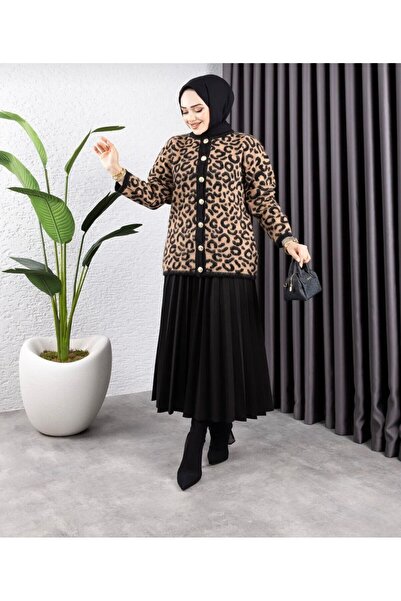 Sfg Life Moda Women's Leopard Patterned Hooded Cardigan