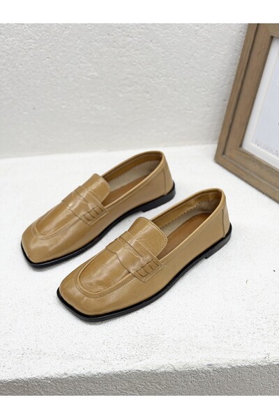 NUR KARACA 26K740 RUSTİK HAKİKİ DERİ KÜT BURUN DÜZ TABAN LOAFER AYAKKABI KADIN