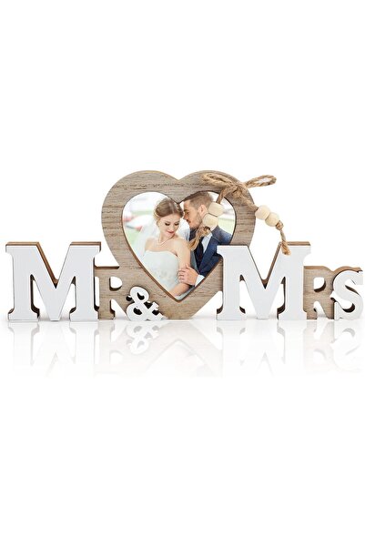 TERRIFI Wedding Heart Photo Frame - Mr & Mrs Tabletop Picture Frame (White & Brown)