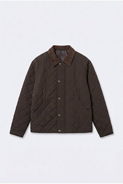 ablukaonline Men's Oversized Velvet Collar Detailed Quilted Jacket Brown