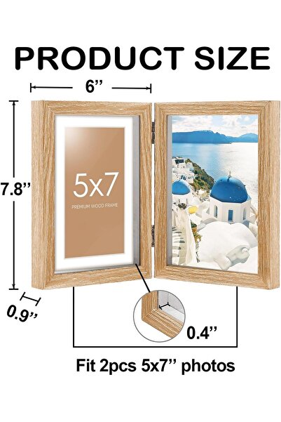 BananaHome 5x7 Double Folding Wooden Photo Frame, Holds Two 5x7 Photos (Wood Grain)