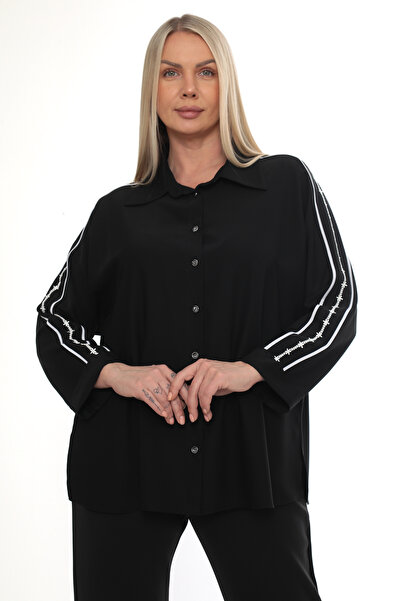 KİFAYET Büyük Beden (50-56) Gömlek Yaka Dantel Şerit Detaylı Uzun Kol Kadın Bluz