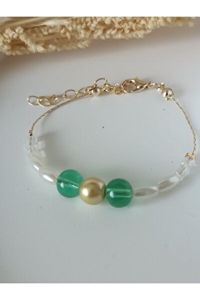 La fee aksesuar سوار نسائي ذهبي بخرز اللؤلؤ الأخضر الزمردي هدية للعام الجديد ...