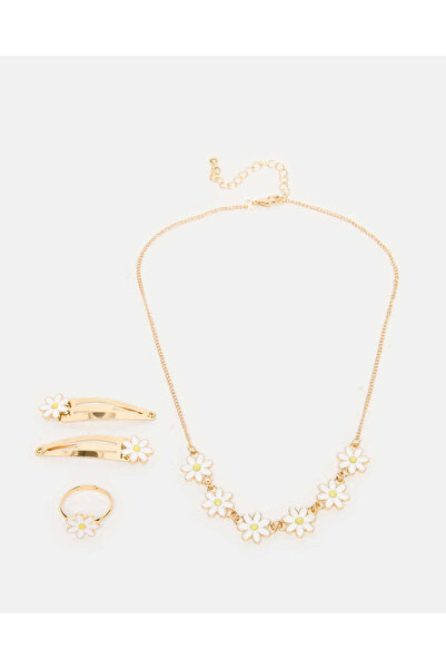 REDTAG طقم قلادة مزخرفة بالذهب للبنات مع مشبك شعر وخاتم (4 قطع)