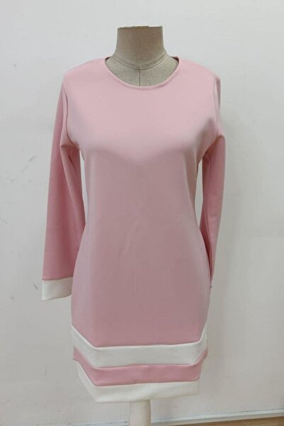 Mossta Round Neck Striped Detail Mini Woven Dress - Pink