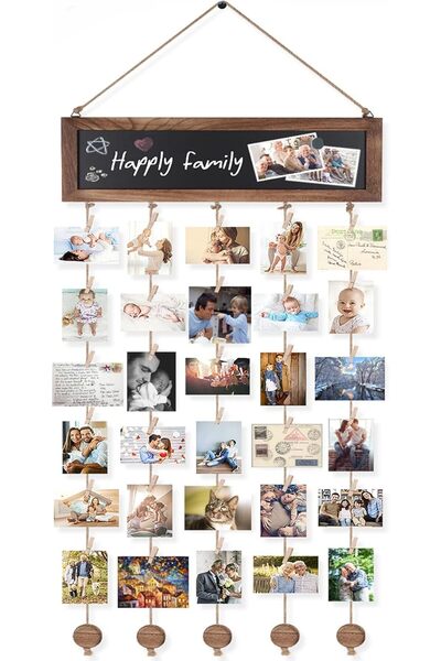 KASTWAVE Photo Hanging Display Picture Board with Blackboard & 30 Clips (Black)