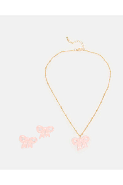 REDTAG Girls Gold And Pink Embellished Necklace And Earrings Set (3 Piece)