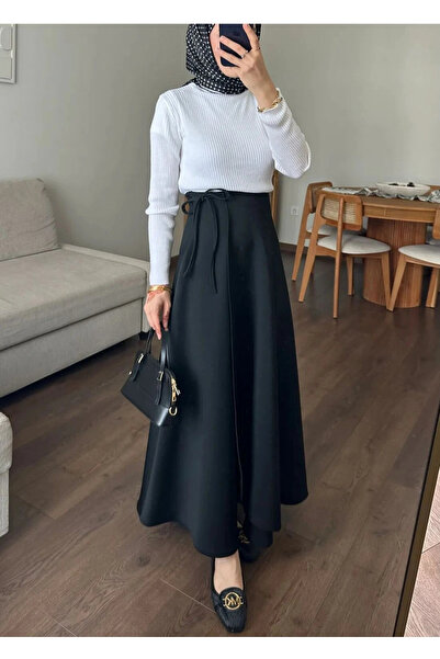 DEFNECE BUTİK Waist-Tied Scuba Skirt - Black
