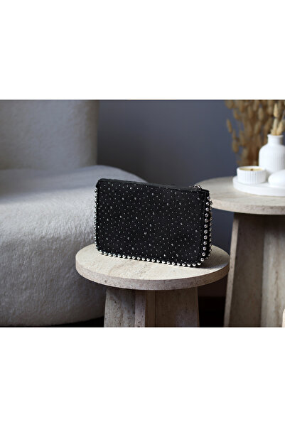 MODA Zincir Askılı Taş Detaylı Siyah Bölmeli Mini Çanta