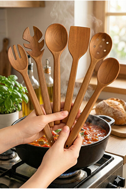 Home 6-Piece Luxury Natural Wooden Spoon Set Non-Scratch Heat-Resistant Healt...
