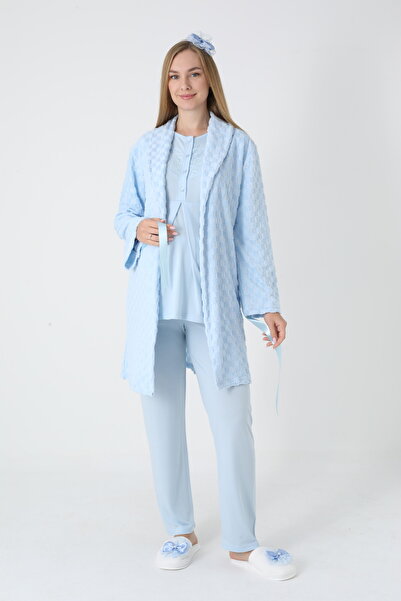 BLACKMORE Women's Blue Shawl Collar Special Lace Design Cotton Quilted Dressing Gown 3-Piece Pajama Set