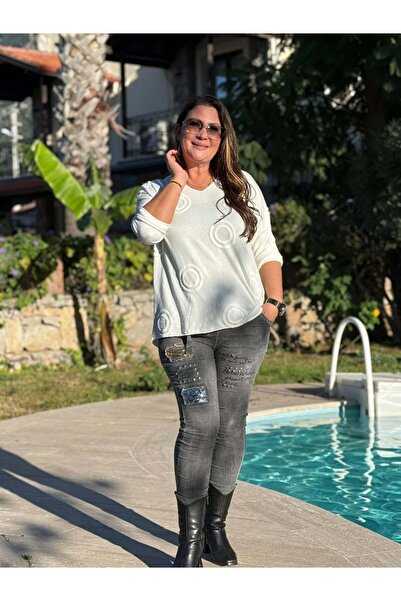 Punta Otantik Nc20663 Guipure V-Neck Italian Knitwear Blouse White