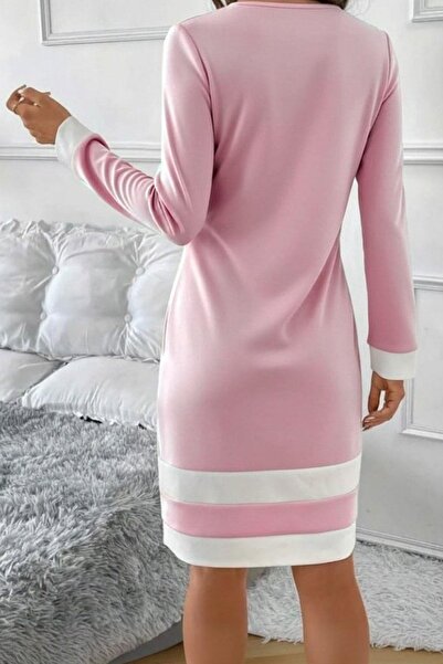 Mossta Round Neck Striped Detail Mini Woven Dress - Pink